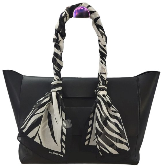 LIZ CLAIBORNE Vintage Bundle: Black White Scarf & Gold Bag Charm/Keychain - Picture 6 of 12